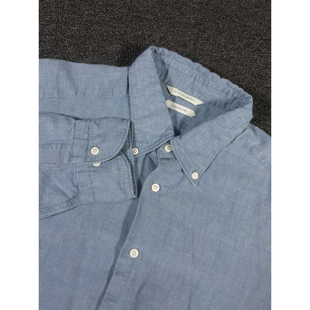 Suitsupply Button Down Dress Shirt Men's 41 16 Blue Slim Fit Denim Linen Cotton